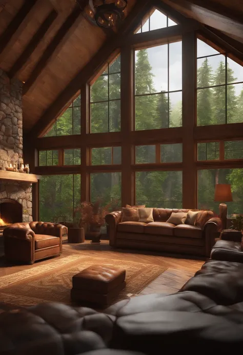 relaxing environment, brown rustic house, with furniture, large window, fireplace, raining, ultra realistic, 8k, full hd - air 9:16