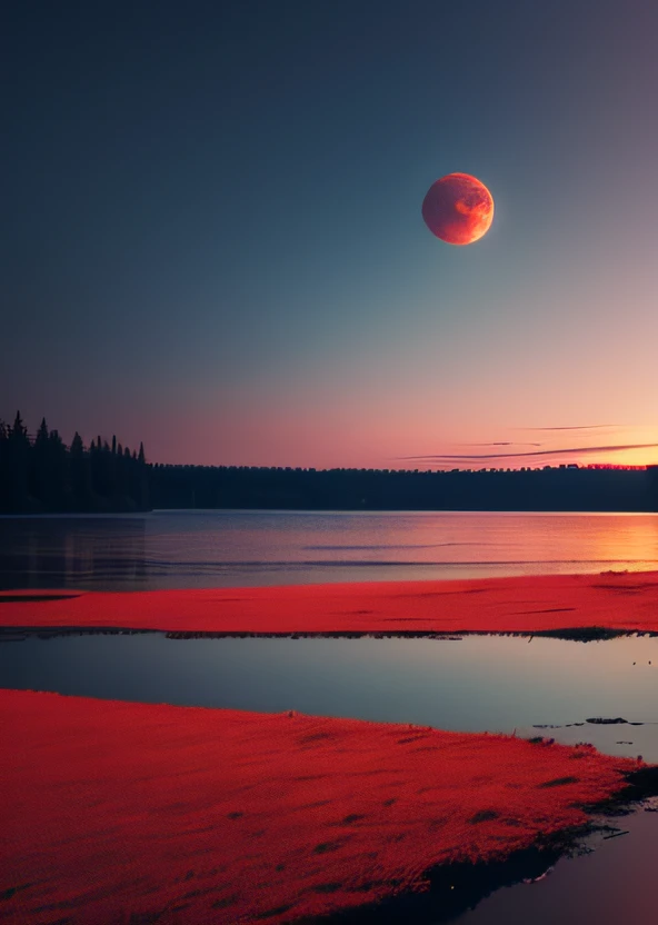 A shadow stands on the red lake，Behind it is a big blazing moon，Close-up Shot Shot