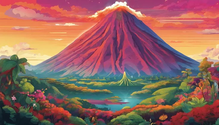 In a breathtaking display of raw natural beauty, a majestic volcano stands towering in a lush and vibrant landscape, symbolizing the incredible power of self-healing and regeneration. Earths astonishing ability to repair itself is depicted in a visually st...