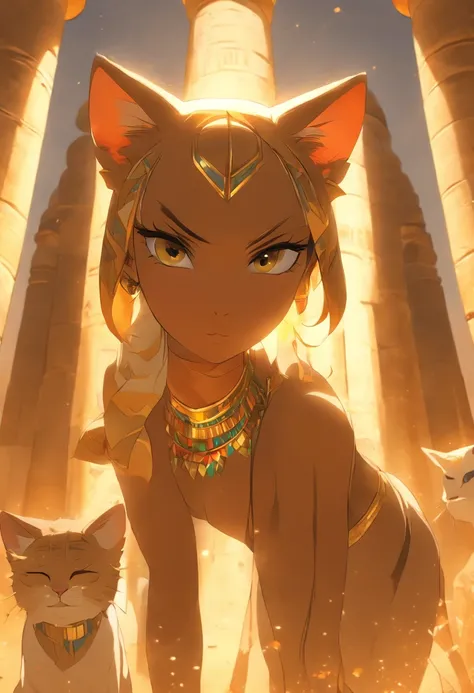 (((Womans body and feline head))) best quality, very high resolution, 4K detailed CG, masterpiece, Egyptian mythology, Bastet, sun in the background, Ancient Egypt, standing pose, black cat head, white clothes, Egyptian clothes, Egyptian temple, desert, An...