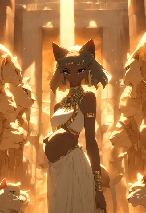 (((Womans body and feline head))) best quality, very high resolution, 4K detailed CG, masterpiece, Egyptian mythology, Bastet, sun in the background, Ancient Egypt, standing pose, black cat head, white clothes, Egyptian clothes, Egyptian temple, desert, An...