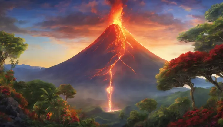 In a breathtaking display of raw natural beauty, a majestic volcano stands towering in a lush and vibrant landscape, symbolizing the incredible power of self-healing and regeneration. Earths astonishing ability to repair itself is depicted in a visually st...