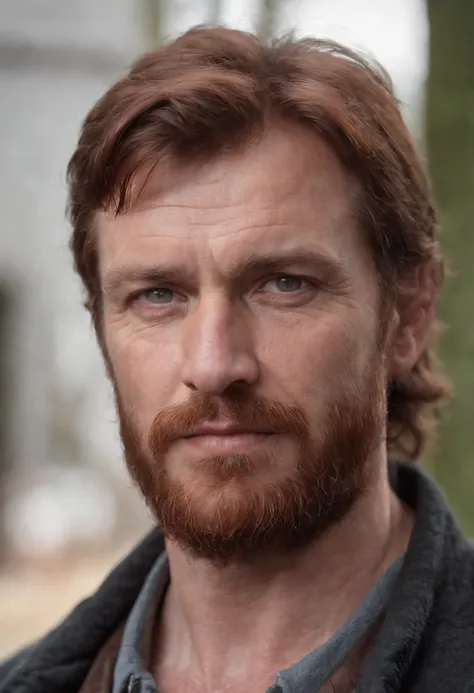 A middle aged, stern Germanic-Irish man with a round body, rugged looks with dark red hair. Hulking but with friendly eyes. Scruffy beard and mid to long length hair. hefty build