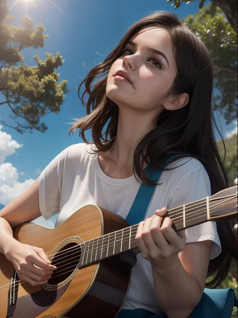 Adult, 30 years old, (((Selena Gomez:Emma Watson:0.8))), cabelos cuto de cor castanho, pele clara, playing the guitar, Looking Up The Sky, sentado em um gramado, under a tree, em um dia claro, with blue sky, imagem como da disney pixel