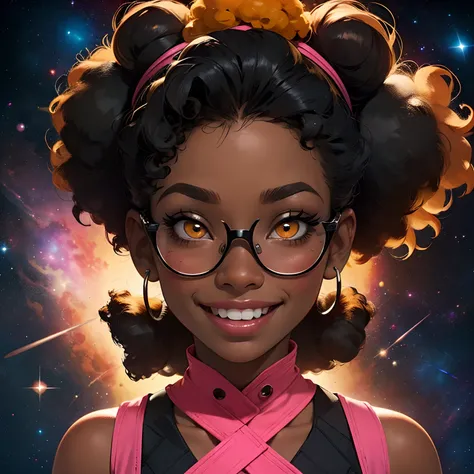 African american, woman, orange eyes, energetic, upbeat, afro puffs, bottom frame glasses, dark skin, braces, big smile, dimples, scientist, solo, black hair, pink, black skin, long eye lashes, space buns