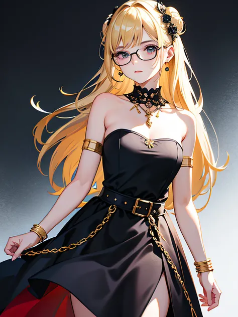 1 girl, jewelry, solo, blonde, dress, bun, black half-frame glasses, long hair, bracelets, black strapless dress, looking at audience, shoulders, belt, necklace, black eyes, strapless dress, jeans shot, bangs, hair flower, accessories, standing, (((white b...