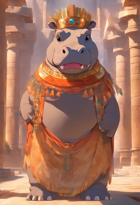 (((Hippo body and headdress))) best quality, very high resolution, 4K detailed CG, masterpiece, Egyptian mythology, Taweret, sun in the background, Ancient Egypt, standing pose, hippo god, black cat , white clothes, Egyptian clothes , Egyptian temple, dese...