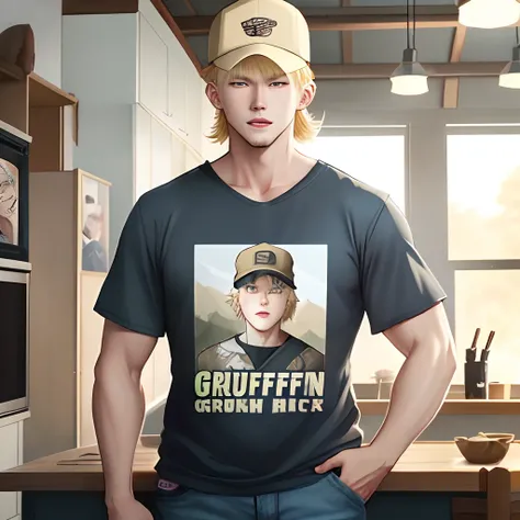 American country guy, wearing a cap, manhwa, gruff, blonde hair