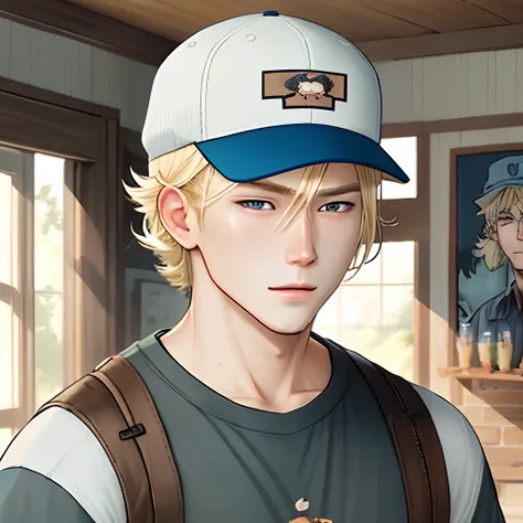 American country guy, wearing a cap, manhwa, gruff, blonde hair