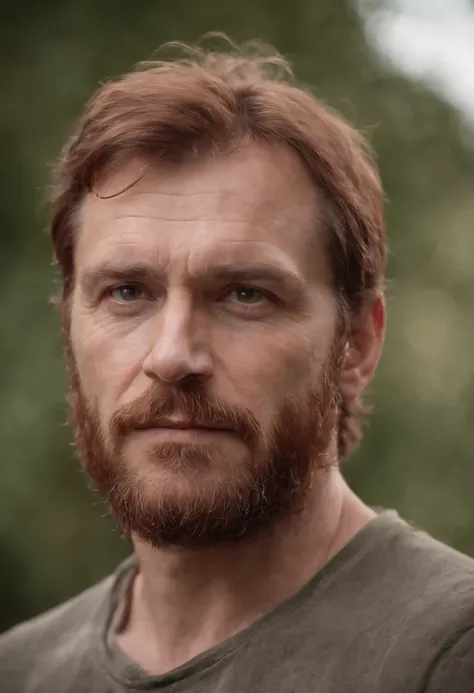 A middle aged, stern Germanic-Irish man with a round body, rugged looks with dark red hair. Hulking but with friendly eyes. Medium length, scruffy beard and shoulder length hair.  Chubby