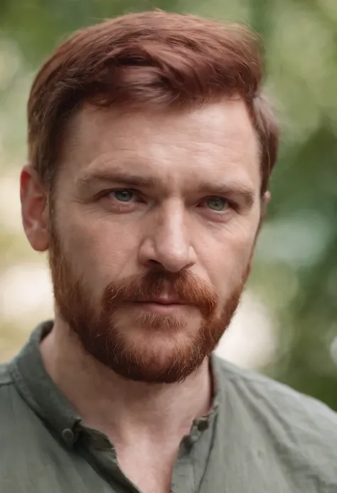 A middle aged, stern Germanic-Irish man with a round body, rugged looks with dark red hair. Hulking but with friendly eyes. Medium length, scruffy beard and shoulder length hair.  Chubby