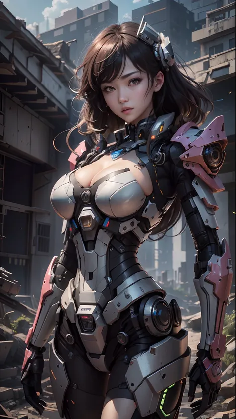 ((top-quality)), ((​masterpiece)), (ighly detailed:1.3), 3D, shitu-mecha, Beautiful cyberpunk woman equipped with pink mechs in the ruins of a forgotten war city, Ancient Technology, HDR(HighDynamicRange), Ray traching, NVIDIA RTX, Hyper-Resolution, Unreal...