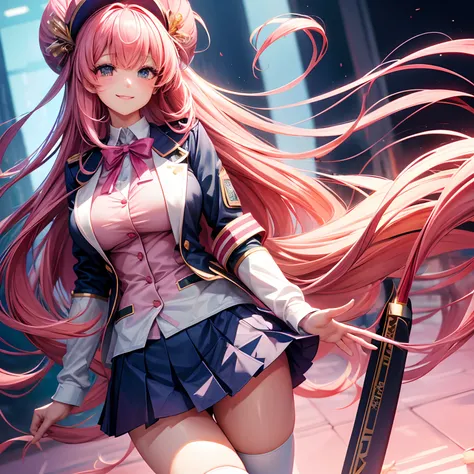 a beauty girl，Ribbon on uniform，blazers，A smile，girl，long，anime a girl，top-quality，Colossal tits，Pink hair，​masterpiece，Excellent style，Long，Erotic Cute，超A high resolution，beautiful a girl，Lovely girl，Loose socks，Perfect Beautiful Girl，HD image quality，８Ｋ，