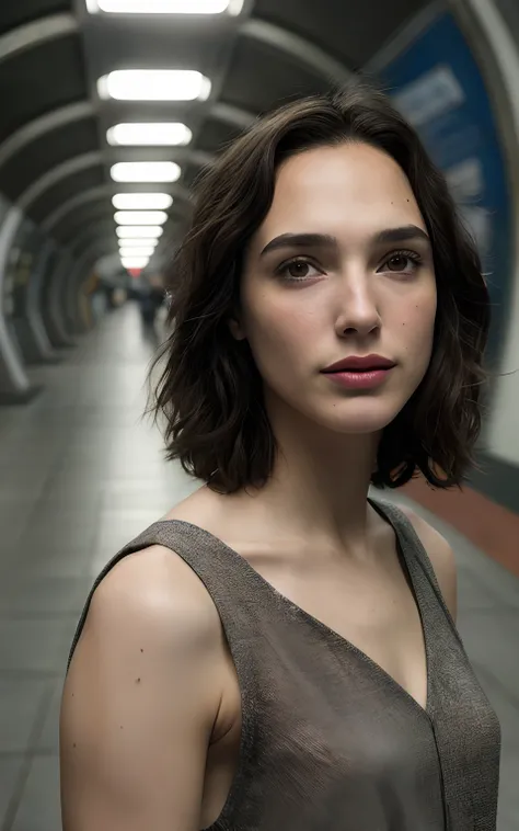 (Melhor Tiro, fotografia editorial de uma jovem de 30 anos gal gadot), (rosto altamente detalhado:1.4) (sorrir:0.7) (Fundo  tunel metro abandonado dentro do escuro, Moody, estudo privado:1.3),  Directed by: Lee Jeffries, Nikon D850 | | | | | | | | | | | | ...