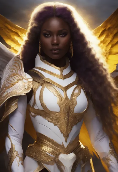 Dark skin, yellow hair, yellow eyes, white wings, halo, white lace, purple armor