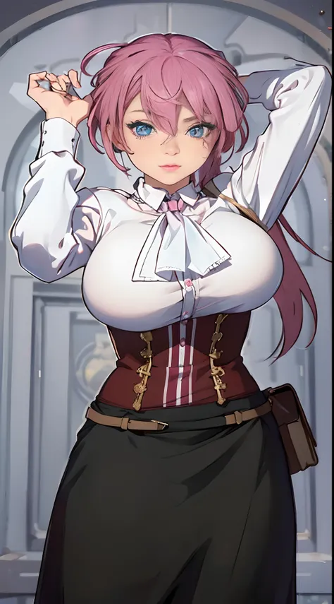 (best quality, realistic, highly detailed: 1.2), pink hair, blue eyes, small bag beside the waist, big breasts, tied hair, detailed face, realistic face.