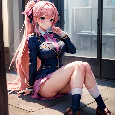 a beauty girl，Ribbon on uniform，blazers，A smile，girl，long，anime a girl，top-quality，Colossal tits，Pink hair，​masterpiece，Excellent style，Long，Erotic Cute，超A high resolution，beautiful a girl，Lovely girl，Loose socks，Perfect Beautiful Girl，HD image quality，８Ｋ，