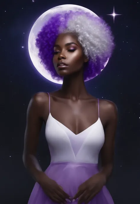 Dark skin, curly Afro, purple and white hair, stars, moon crest, stars in hair