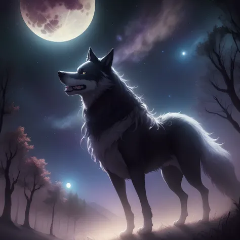 Full Moon Night　wolves　Fantastical　top-quality　Masterpiece　Super mysterious, beautiful and powerful　King of the Night Forest　Painterly　Mysterious Forest　proud　I have a lot of friends　Star-filled sky