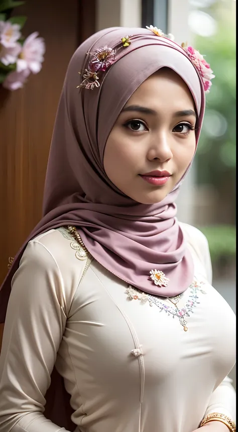 1 malay girl , modern plain hijab,  shy, medium portrait shot , watery  eyes ,lip watery, lip glossy, open mounth, ((big breast)), wear java wedding woman in kebaya dress, knitting yarn ,kebaya batik, (big breast) , hijap decorated with flowers,flower gard...