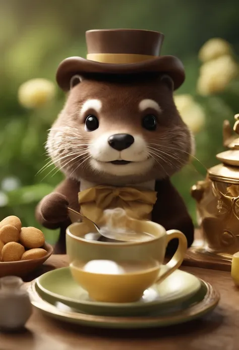 Design an realistic image with a dapper otter hosting a charming tea party with dodol treats, complete with tiny teacups and saucers, in a delightful and whimsical style, (Dodol is a sweet, sticky, and delicious treat made from ingredients like coconut mil...