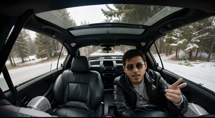 A car equipped with microphones and speakers, with two men recording a podcast inside. The car is on a long road surrounded by trees, and the weather is slightly snowy.