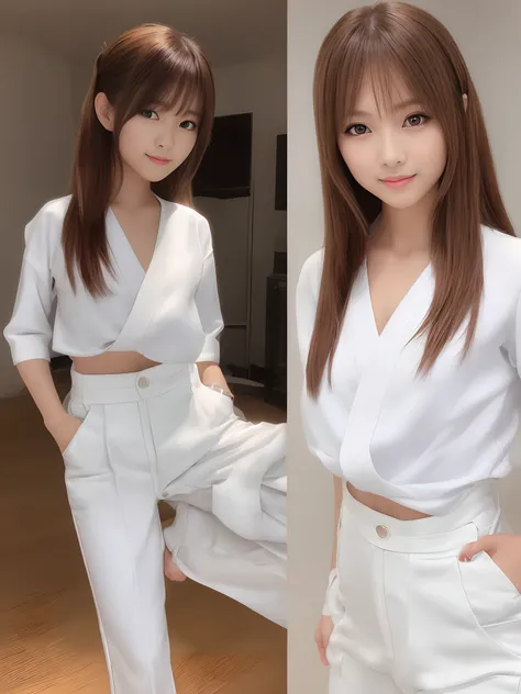 (Photorealsitic)(sixteen years old), Perfectly beautiful woman, (Full body 8K portrait), White Karate Uniform, White karate pants, Large bust,Stand alone, Make a high side kick, Large and dynamic hand and foot movements, Correct skeleton, beautiful proport...