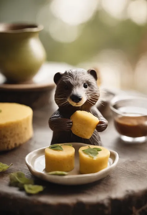 Design an realistic image with a dapper otter hosting a charming tea party with dodol treats, complete with tiny teacups and saucers, in a delightful and whimsical style, (Dodol is a sweet, sticky, and delicious treat made from ingredients like coconut mil...