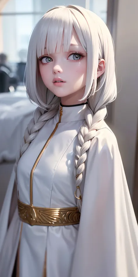 best quality, masterpiece,white hair, gold eyes,white clothes, looking up, upper body,hair strand,Fair skin,side braids