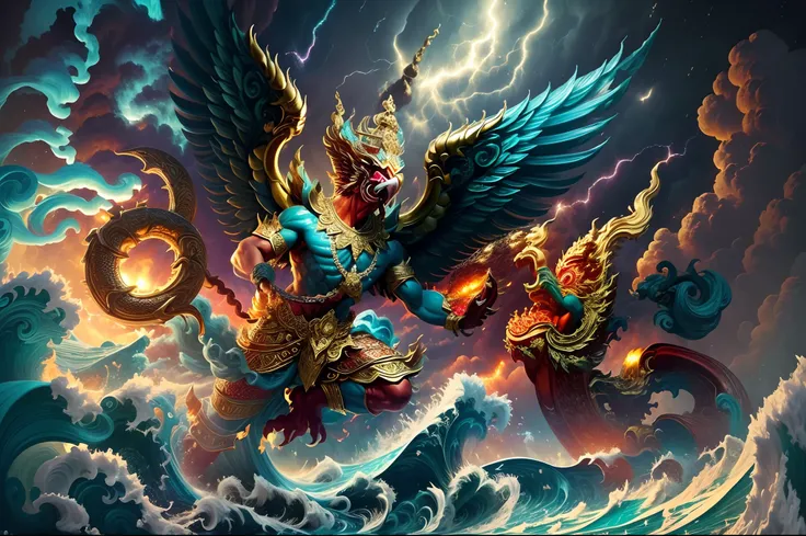 (masterpiece, best quality), (extremely detailed), absurdres, highres, PhayaKrut King Garuda on sky, fight with NagaSerpentGod in ocean, (chaos thunderstorm, large wave, Turbulent sea:1.4)