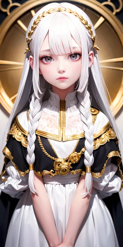 best quality, masterpiece,white hair, gold eyes,white clothes, looking up, upper body,hair strand,Fair skin,side braids