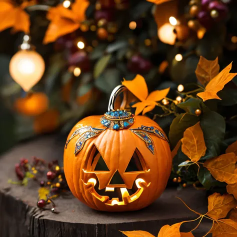 Amidst a lush, autumnal garden adorned with golden leaves and twinkling fairy lights stands the "Royal Elegance Jack." As if sculpted by royal craftsmen, this regal Jack-o-lantern is not like any other. A deep orange hue envelops it, giving it a rich luste...