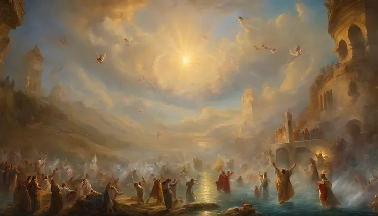 The Rapture ,Thousands of people are floating in the air,Standing on the clouds, Thousands of people are dressed in white, Raise your hands and sing hymns to praise God. The scenes are magnificent and surreal. (Best Quality, 4k, 8K, high resolucion, Master...