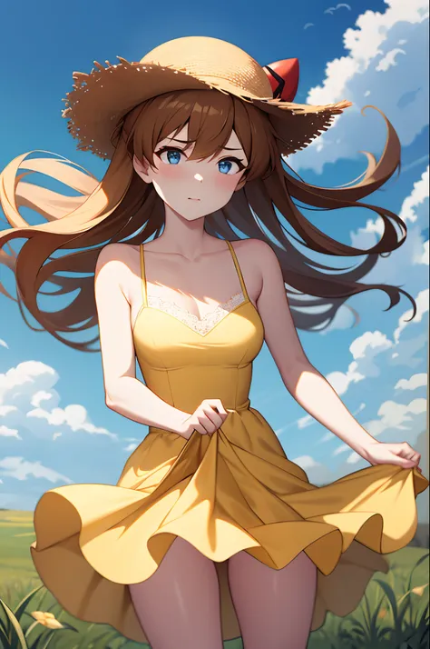 (masterpiece, best quality, detailed), 1girl, solo, outdoors, blue sky, beautiful field,
souryuu asuka langley, yellow summer dress, dress blowing in wind, straw hat, skirt lift, showing white Lacey panties, underwear,