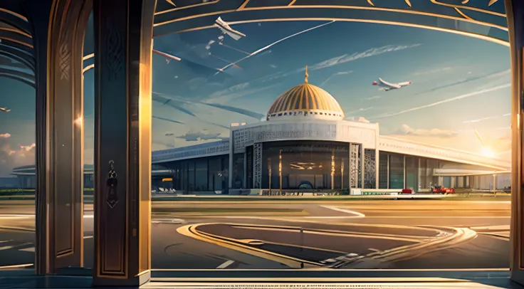 airport in arabic style, eastern hi-tech, beautiful decoration, , view from a far