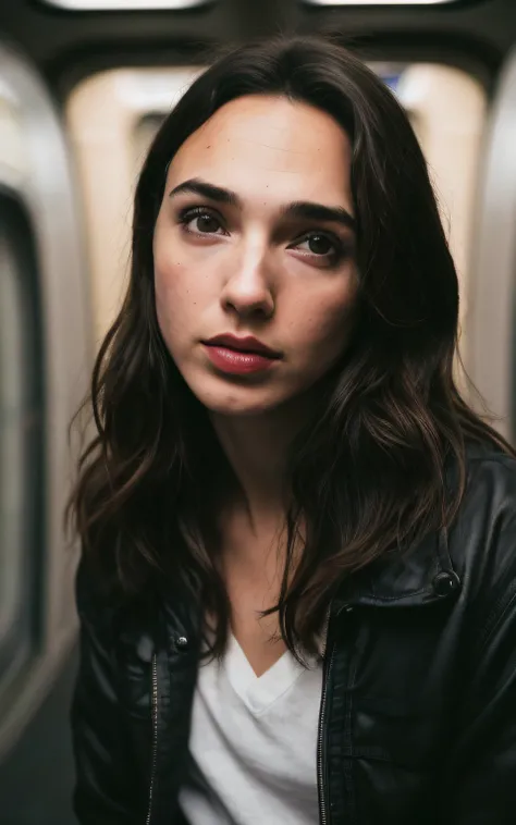 (Melhor Tiro, fotografia editorial de uma jovem de 30 anos gal gadot), (rosto altamente detalhado:1.4) (sorrir:0.7) (Fundo  tunel metro abandonado dentro do escuro, Moody, estudo privado:1.3),  Directed by: Lee Jeffries, Nikon D850 | | | | | | | | | | | | ...