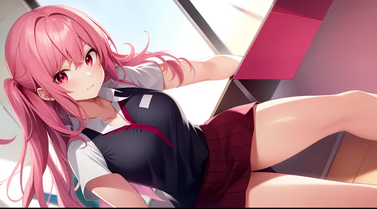 1girll, pink hair, red eyes, medium breasts, uniform, classroom, bare shoulders,