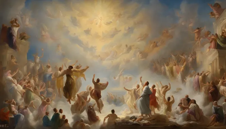 The Rapture ,Thousands of people are floating in the air,Standing on the clouds, Thousands of people are dressed in white, Raise your hands and sing hymns to praise God. The scenes are magnificent and surreal. (Best Quality, 4k, 8K, high resolucion, Master...