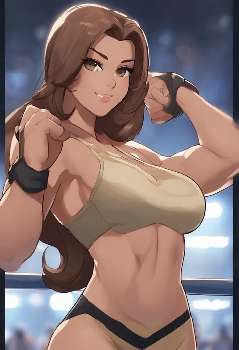 curvy midsection, solo, 1 girl, female wrestler, ultra toned arms, smile, ), (detailed titration screen, upper body only, anime style: 1.8, anime drawing, ultra detailed face, ultra detailed body, 4k, Sumergai Lee Noriega, (standing), best quality, anime s...