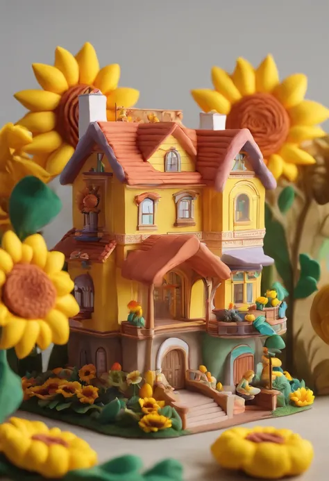 Sunflower House Gloria Studio, The garden is full of sunflowers, Clay material, Cartoonish design style, POP MART, Soft lighting, smooth lines, Tilt-shift lens, Detailed sci-fi illustrations, super realistic details, warm color