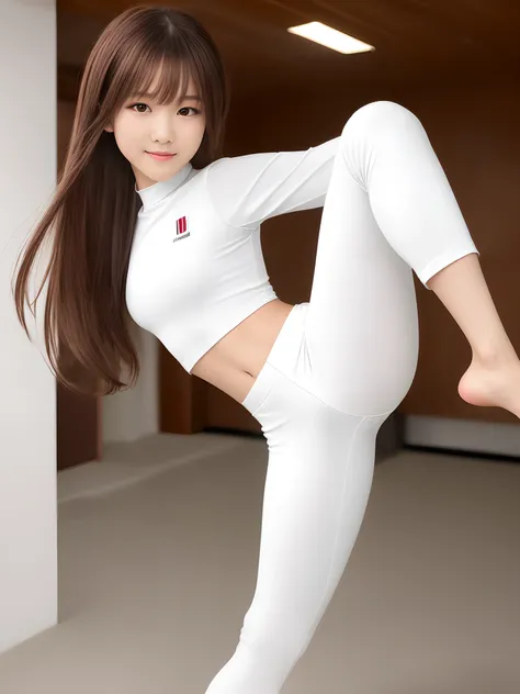 (Photorealsitic)(sixteen years old), Perfectly beautiful woman, (Full body 8K portrait), Large and dynamic hand and foot movements, White Karate Uniform, White karate pants, Large bust,Stand alone, Large and dynamic hand and foot movements, Make a high sid...