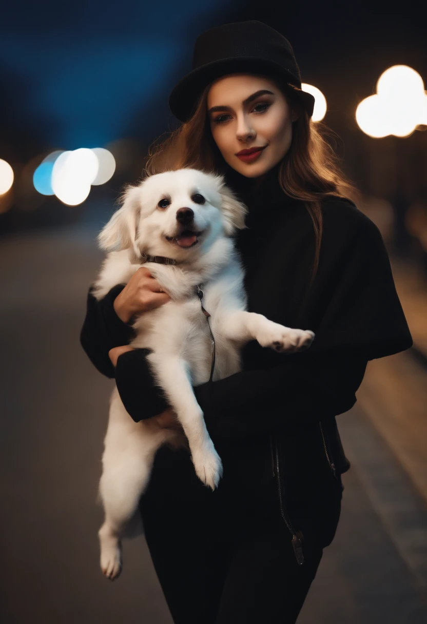 Girl in black at night，With a cap，Holding a white dog，Take a selfie with your phone，Real selfies