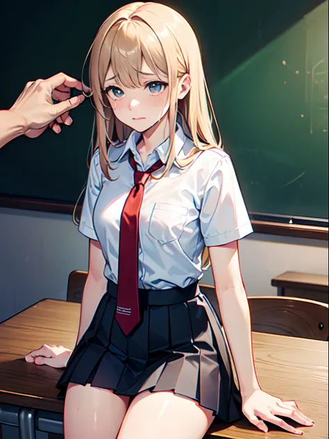 NSFW,top-quality、ultra-detailliert、​masterpiece、realisitic、Photo Real、 1girll、1 boy、(Being touched by a man:1.5)，(A man strokes the crotch of a girl)，perfect hand、Detailed finger、Beautiful detailed eyes、Schoolgirl、japanese hight school uniform、White shirt ...