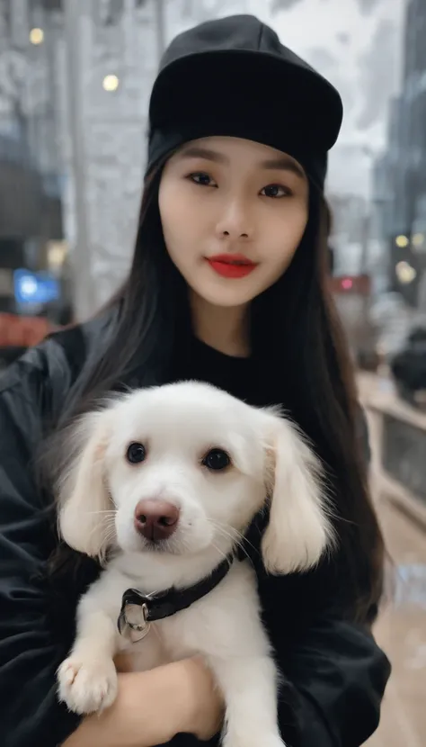 Asian girl in black at night，With a cap，Holding a white dog，Take a selfie with your phone，Real selfies