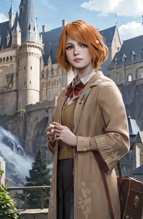 there is a woman with red hair standing in front of a castle, magic school uniform, magical school student uniform, hogwarts legacy, hogwarts style, artwork in the style of guweiz, inspired by Hermione Hammond, realistic anime 3 d style, a hyperrealistic s...