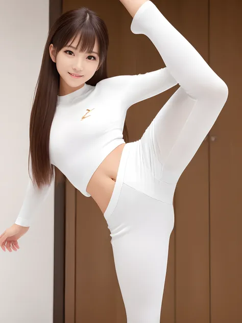 (Photorealsitic)(sixteen years old), Perfectly beautiful woman, (Full body 8K portrait), Large and dynamic hand and foot movements, White Karate Uniform, White karate pants, Large bust,Stand alone, Large and dynamic hand and foot movements, Make a high sid...