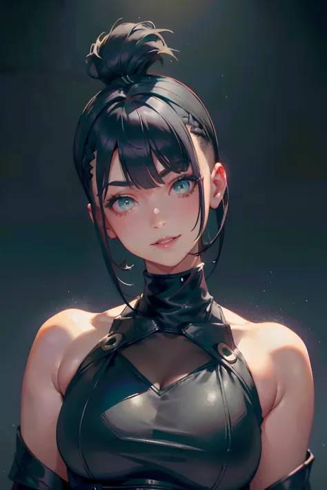 a 20 yo woman、Black blue Hair、Bery short hair、Big smile、(hi-top fade:1.3)、dark themed、Muted Tones、Subdued Color、highly contrast、background green、(natural skin textures、Hyper-Realism、Soft light、sharp)