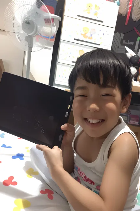 smiling child holding a black laptop computer in front of a fan, kid drawing, drawing sketches on his notebook, kid, an artistic pose, using a magical tablet, with a happy expression, inspired by Abidin Dino, he is very happy, artistic pose, happy kid, pot...