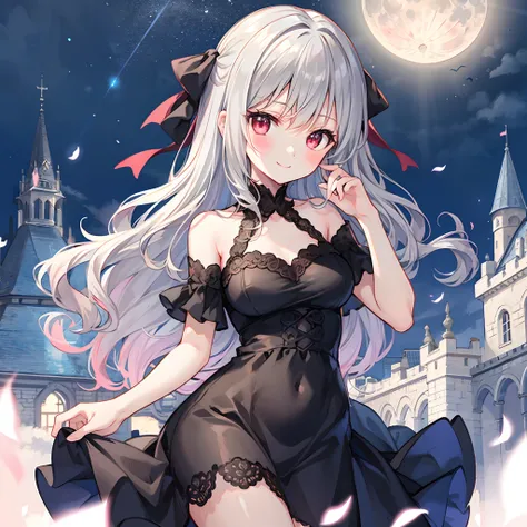 Wavy Gray Hair、red eyes、One Beautiful Girl、red blush、Black Dress、Midnight、a smile、Western castles、a moon