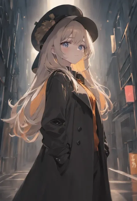 A 16-year-old girl with white or black hair wears a black trench coat and hat